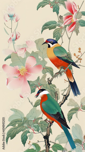 cute little birds sitting on a tree  embroidery art  generative ai technology