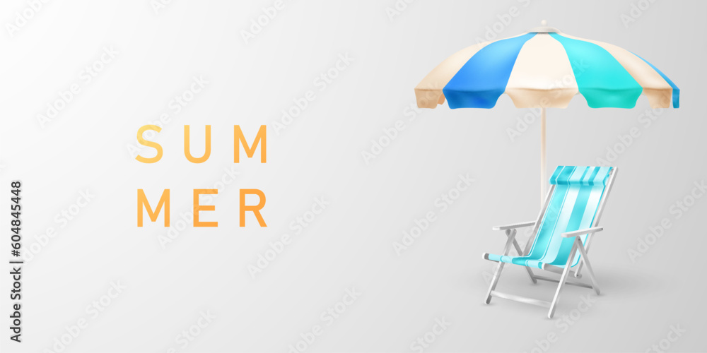 Summer background decorated with beach chairs and umbrellas, sea design concept vector illustration