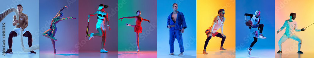 Fototapeta premium Collage of different professional male and female sportsmen in action training fencing, skating, swimming, tennis at studio over multicolored background in neon light