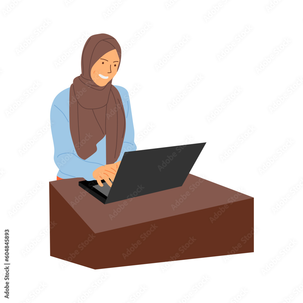vector illustration of a hijab woman working in an office