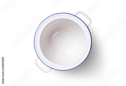 White ceramic cooking pot or saucepan isolated on white background with clipping path, top view, flat lay. photo