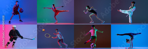 Collage of little sportsmen doing different activities tennis, martial arts, gymnastics, hockey on multicolored background in neon. Banner for ad. Children's sport sections