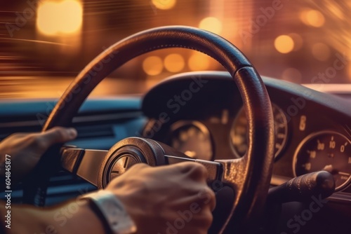 A close-up image of a driver's hand firmly gripping the steering wheel as their car overtakes, with a blurred background, focusing on the driver's determination and control. Generative AI © bluebeat76