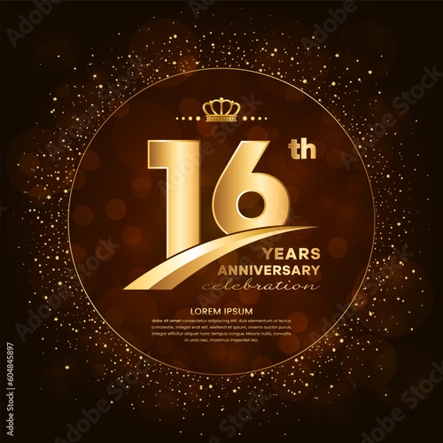 16th anniversary logo with gold numbers and glitter isolated on a gradient background