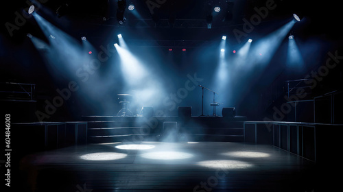 Illuminated stage with spotlights in dark concert hall (Generative AI) © Robert Kneschke