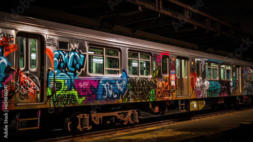 Whole car graffiti on a New York City subway train (Generative AI) photo