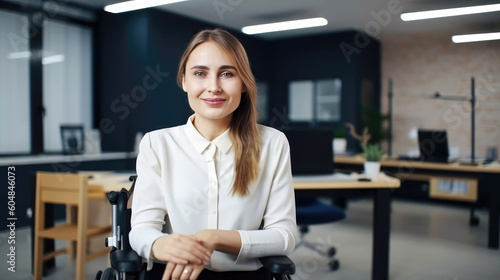 Smiling confident businesswoman in wheelchair in her office (Generative AI)