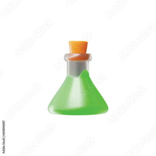 Glass bottle with green potion or poison in cute 3d style, vector illustration isolated on white background.