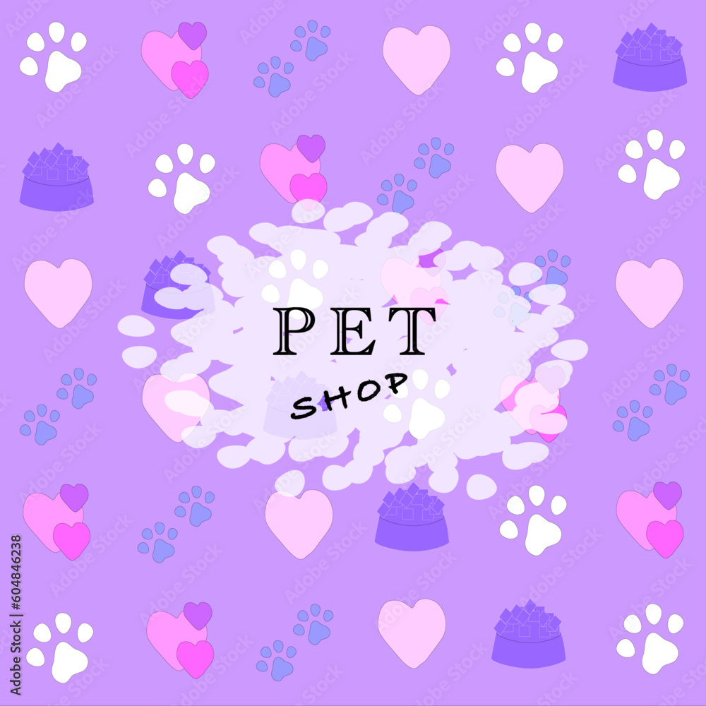 Pet shop vector seamless pattern with icons of food bowl, animal paw, heart. Violet background for pet shop, veterinary clinic, pet store, zoo, shelter