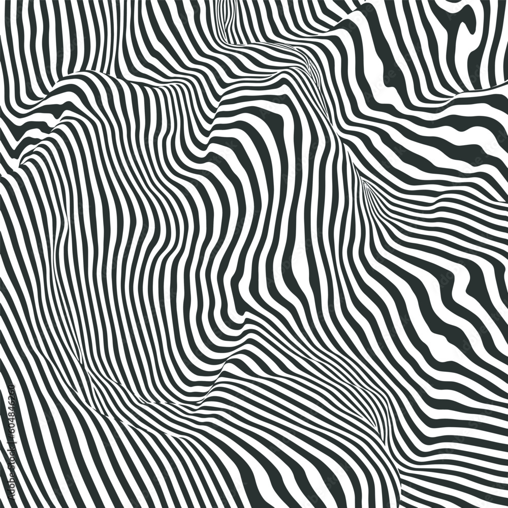 Psychedelic distorted lines backdrop. Abstract striped mountains pattern. Texture with wavy hills, curves stripes. Optical art background. Wave black and white 3D design. Vector