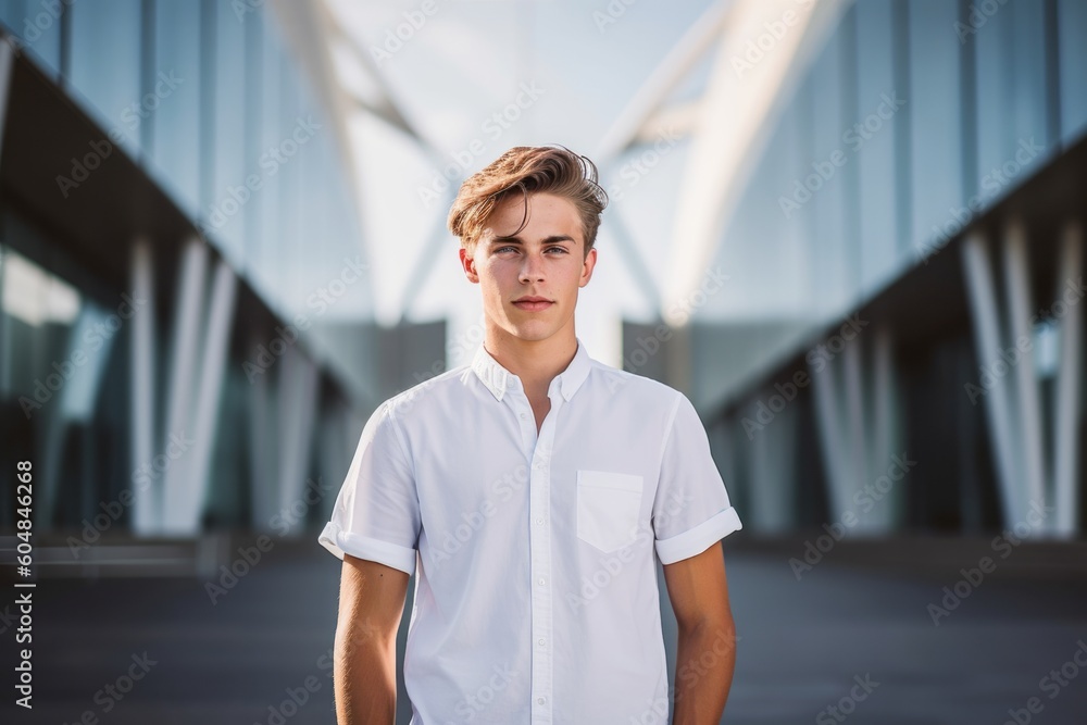 Lifestyle portrait photography of a satisfied mature boy wearing a casual short-sleeve shirt against a modern architecture background. With generative AI technology Lifestyle portrait photography of a satisfied mature boy wearing a casual short-sleeve shirt against a modern architecture background. With generative AI technology