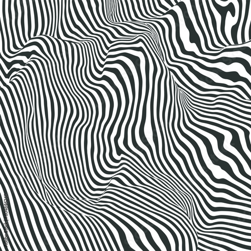 Psychedelic distorted lines backdrop. Abstract striped mountains pattern. Texture with wavy hills, curves stripes. Optical art background. Wave black and white 3D design. Vector