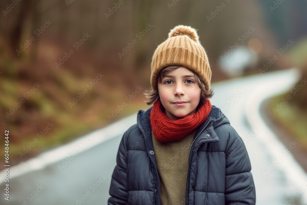 Lifestyle portrait photography of a glad kid male wearing a warm beanie or knit hat against a winding country road background. With generative AI technology Lifestyle portrait photography of a glad kid male wearing a warm beanie or knit hat against a winding country road background. With generative AI technology