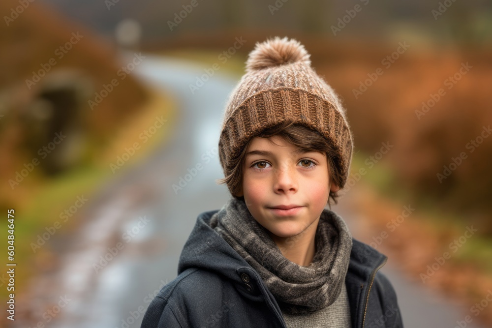 Lifestyle portrait photography of a glad kid male wearing a warm beanie or knit hat against a winding country road background. With generative AI technology Lifestyle portrait photography of a glad kid male wearing a warm beanie or knit hat against a winding country road background. With generative AI technology
