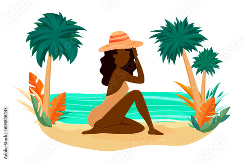 girl sitting on the beach, enjoying the beauty of nature. A girl in a swimsuit relaxing on the beach, an illustration for immersion in the beauty and harmony in the embrace of nature 