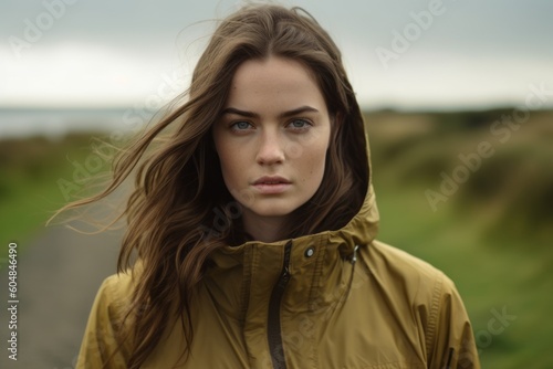 Medium shot portrait photography of a glad girl in her 30s wearing a lightweight windbreaker against a winding country road background. With generative AI technology © Markus Schröder