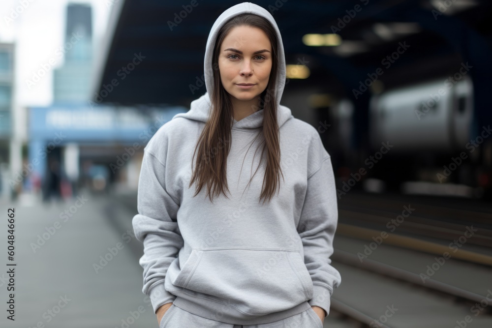 Lifestyle portrait photography of a glad girl in her 30s wearing soft sweatpants against a train station background. With generative AI technology Lifestyle portrait photography of a glad girl in her 30s wearing soft sweatpants against a train station background. With generative AI technology