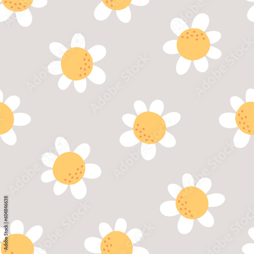 Cute seamless pattern with white flowers and grey background