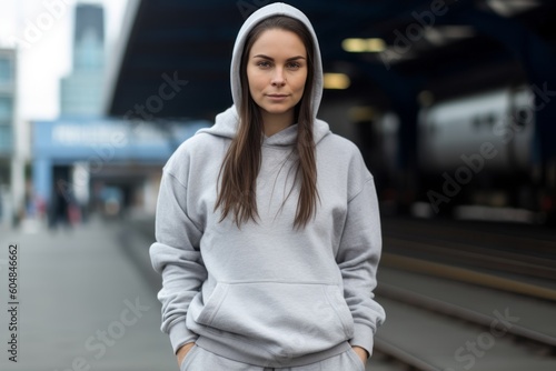 Lifestyle portrait photography of a glad girl in her 30s wearing soft sweatpants against a train station background. With generative AI technology