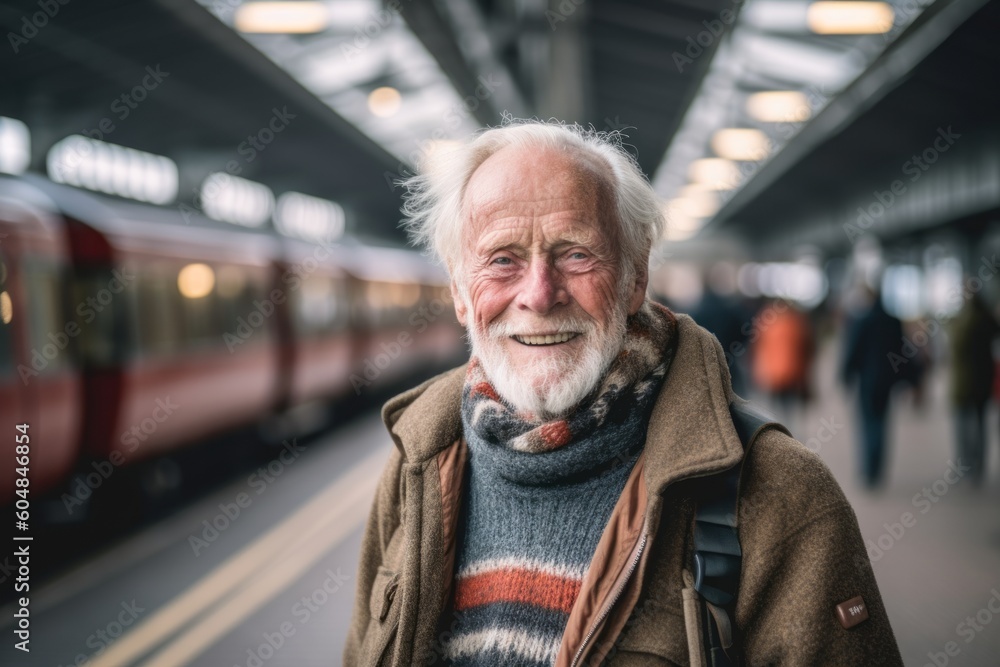 Lifestyle portrait photography of a glad old man wearing a cozy sweater against a train station background. With generative AI technology Lifestyle portrait photography of a glad old man wearing a cozy sweater against a train station background. With generative AI technology