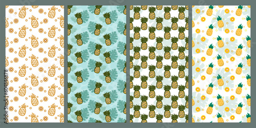 Set of pineapple and leaf seamless pattern. Fruit pattern. Summer pattern. Patterns for textiles or for covers. Wallpapers.