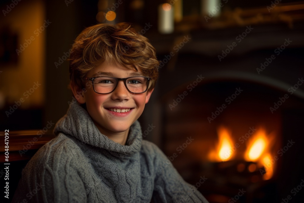 Photography in the style of pensive portraiture of a grinning mature boy wearing a comfortable pair of jeggings against a cozy fireplace background. With generative AI technology Photography in the style of pensive portraiture of a grinning mature boy wearing a comfortable pair of jeggings against a cozy fireplace background. With generative AI technology