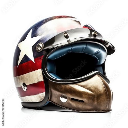 vintage Motorcycle helmet with american flag isolated on a white background. motocross, cafe racer. easy rider style. generative AI