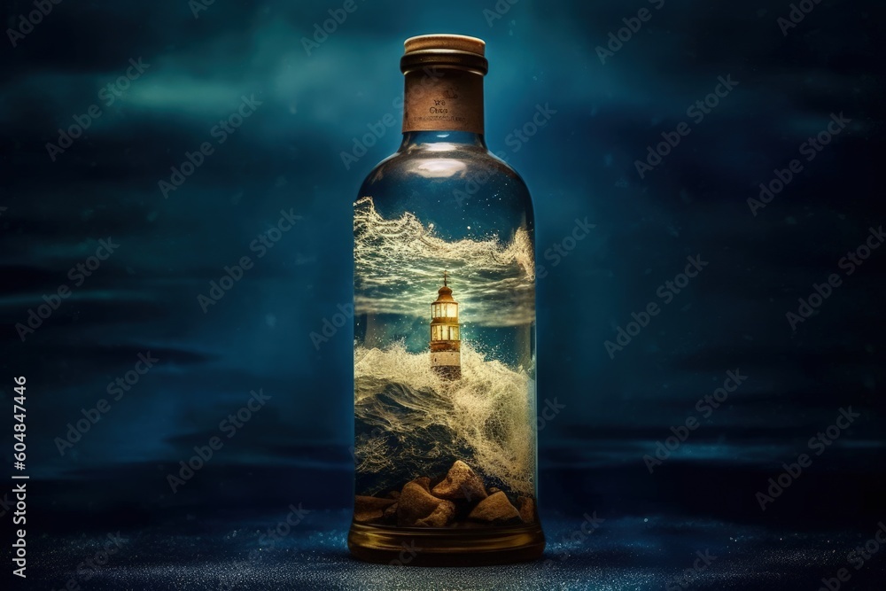 a miniature of a lighthouse raged by a storm, inside an old glass bottle, conceptual image, generative AI - obrazy, fototapety, plakaty 