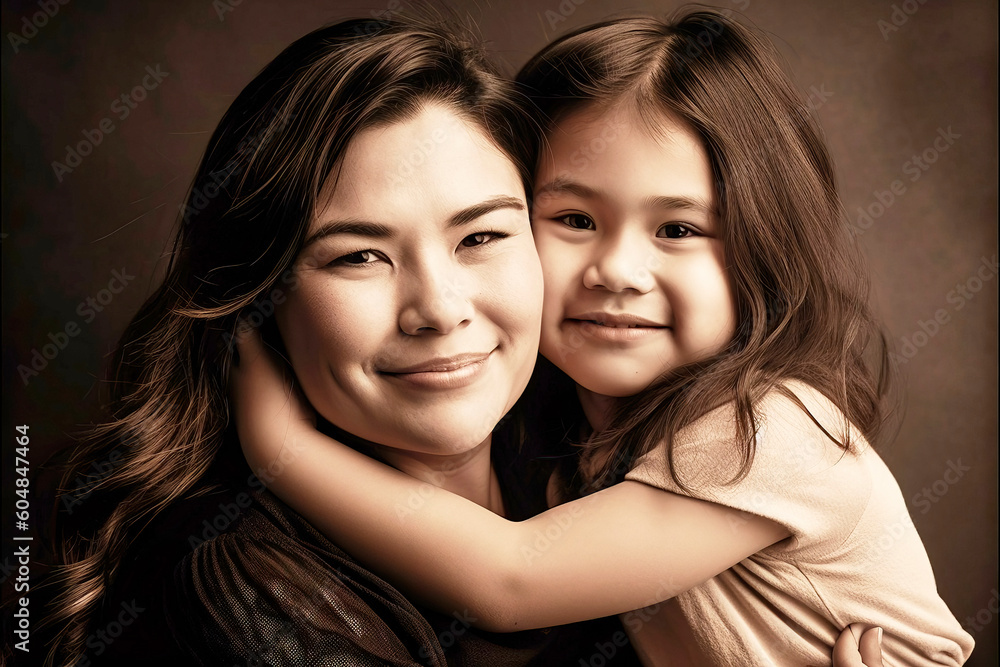 Monochrome image of a happy Asian mother hugging her daughter, made with generative ai Monochrome image of a happy Asian mother hugging her daughter, made with generative ai