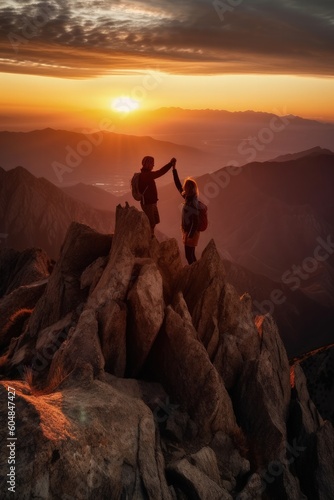 Silhouette of two hikers on top of the mountain at sunset, high five on top of a mountain. generative AI