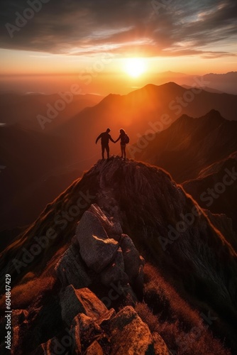 Silhouette of a couple standing on top of a mountain at sunset. generative AI