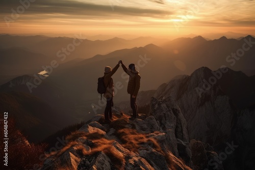 Silhouette of couple standing on the top of mountain and looking at sunrise, high five on the top of a mountain. generative AI