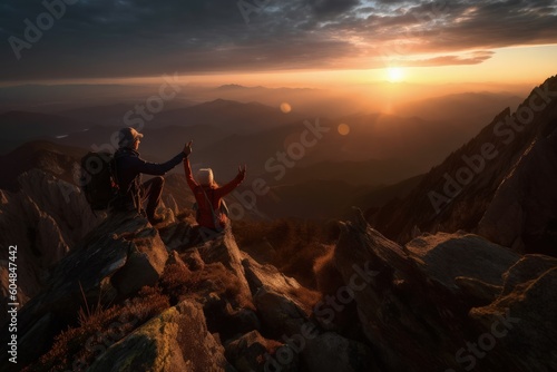 Two Hikers, a couple on top of a mountain reaches for the sun at sunset. conceptual image, winnig, generative AI photo