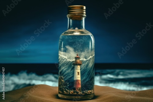 Glass bottle on the shore, with inside a lighthouse in the middle of a storm. Conceptual image. generative AI