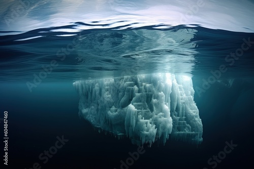 underwater part of a big Iceberg in the ocean. Global warming concept. generative AI photo