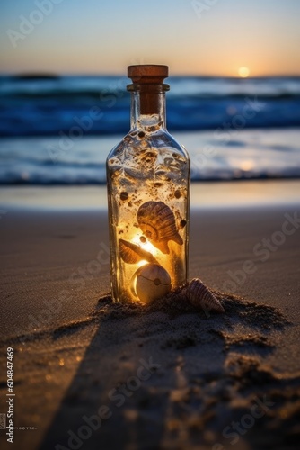 Message in a bottle on the beach at sunset. a bottle with floating sheel inside, Conceptual image. genetative AI photo