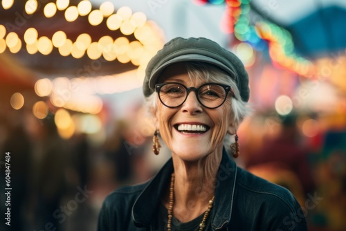 Environmental portrait photography of a satisfied mature woman wearing a cool cap or hat against a carnival background. With generative AI technology