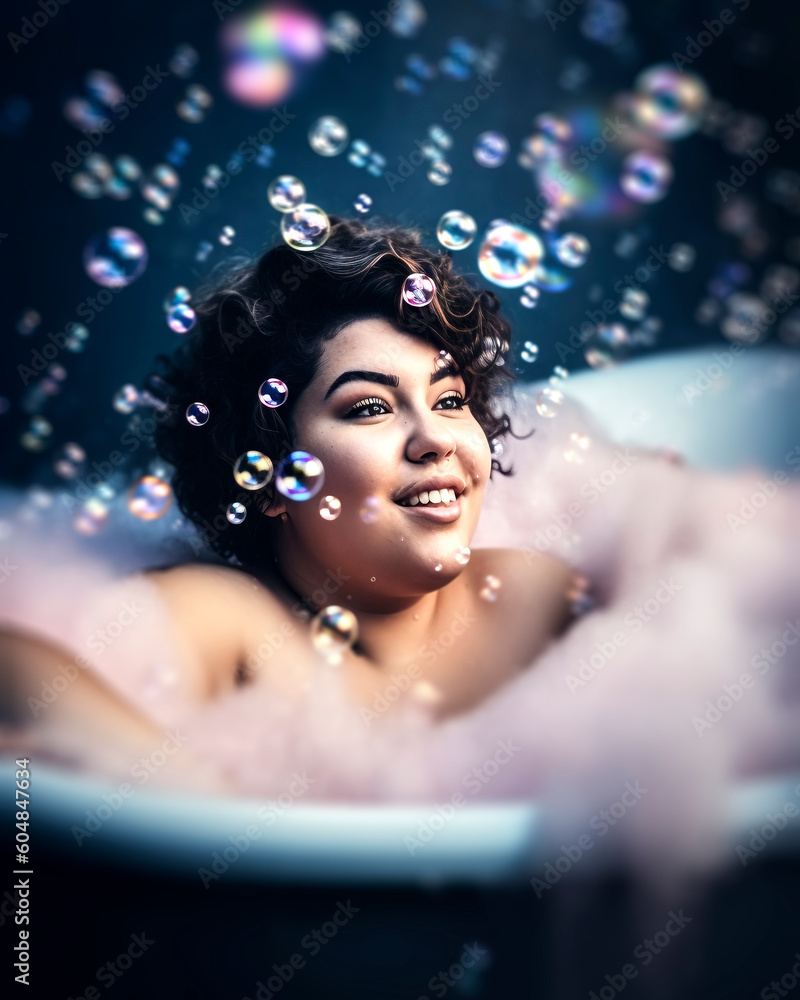 Young woman with black hair sits in a bubble bath with soap bubbles ...