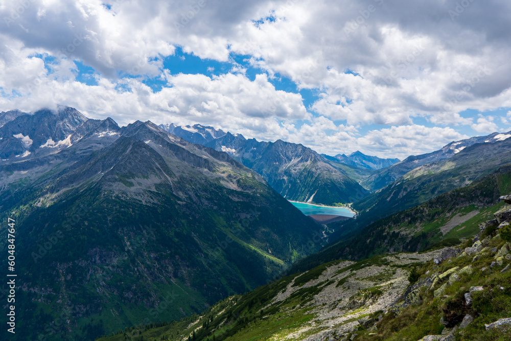 Beautiful view of Lake Schlegeis in the Austrian Alps during the summer, European touristic vacation destination