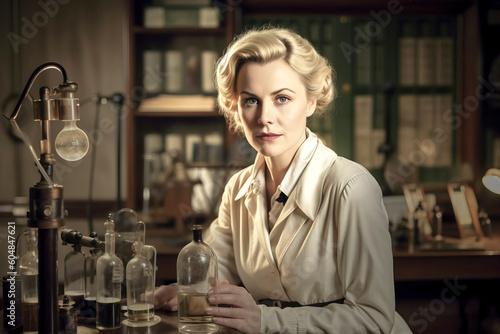 Blonde scientist in a laboratory with equipment from the 19th century, made with generative ai