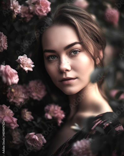 Portrait of a dreamy young woman next to a blooming bush with wild roses, made with generative ai