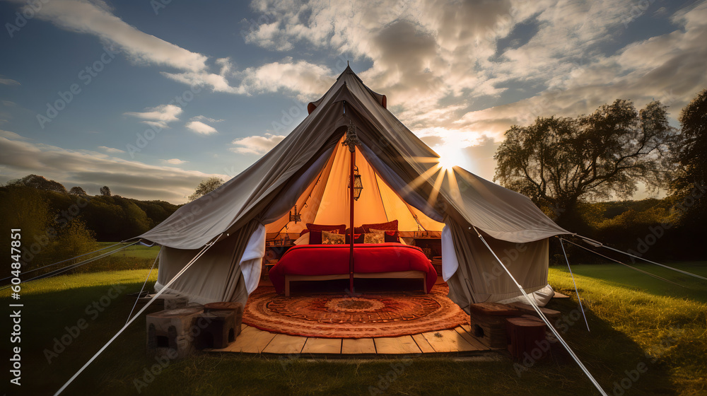 Luxury Glamorous camping, glamping in beautiful countryside, Generative AI