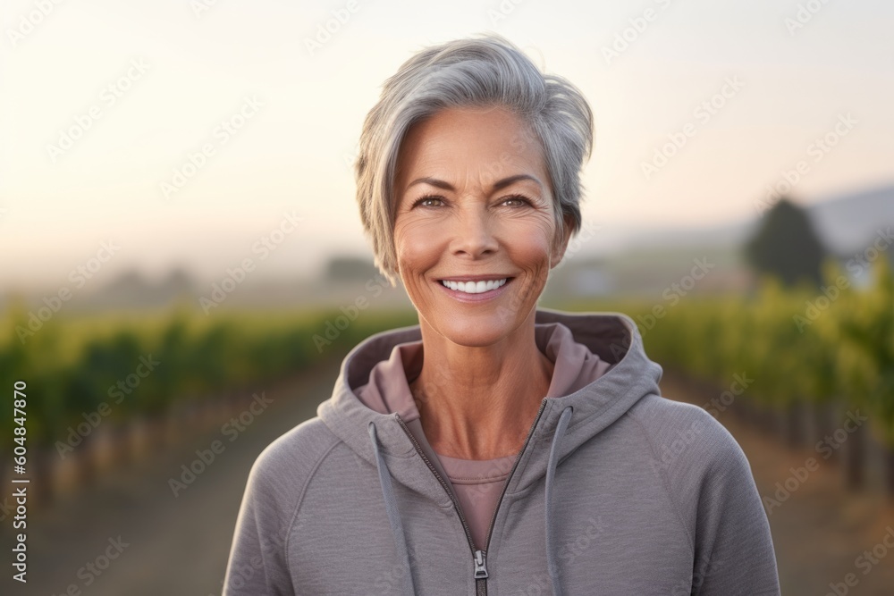 Studio portrait photography of a glad mature woman wearing a cozy zip-up hoodie against a vineyard background. With generative AI technology Studio portrait photography of a glad mature woman wearing a cozy zip-up hoodie against a vineyard background. With generative AI technology