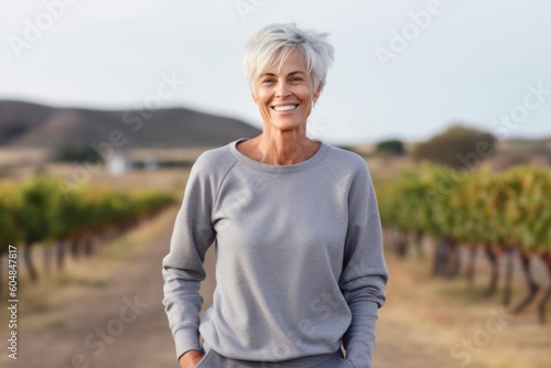 Medium shot portrait photography of a happy mature woman wearing soft sweatpants against a vineyard background. With generative AI technology