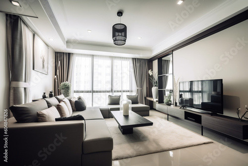 Clean modern living room interior, Generative AI © Jakub