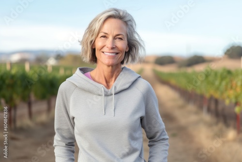 Medium shot portrait photography of a happy mature woman wearing soft sweatpants against a vineyard background. With generative AI technology