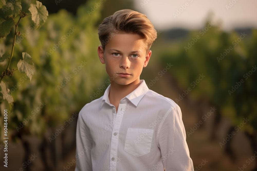 Photography in the style of pensive portraiture of a tender mature boy wearing an elegant long-sleeve shirt against a vineyard background. With generative AI technology Photography in the style of pensive portraiture of a tender mature boy wearing an elegant long-sleeve shirt against a vineyard background. With generative AI technology