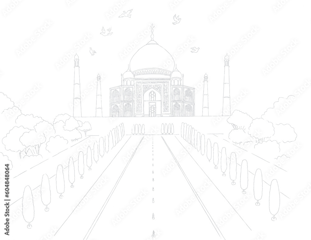 Hand drawn sketch of Taj Mahal in detail with pool in front and trees next to it and 5 pigeons flying in the sky, vector illustration