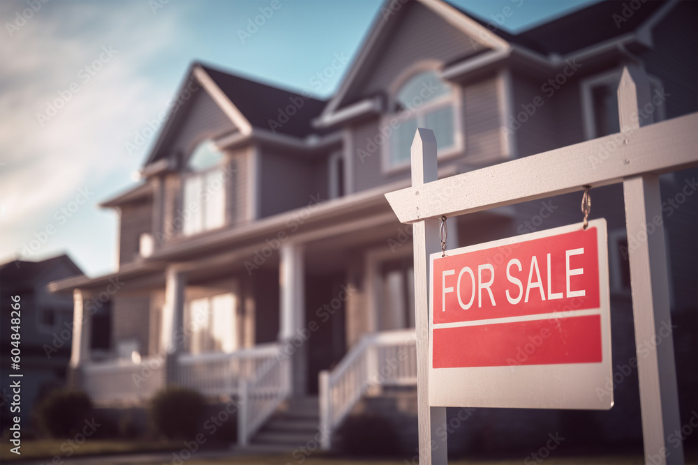 For Sale sign in front of blurry residential home building. Generative AI illustration For Sale sign in front of blurry residential home building. Generative AI illustration