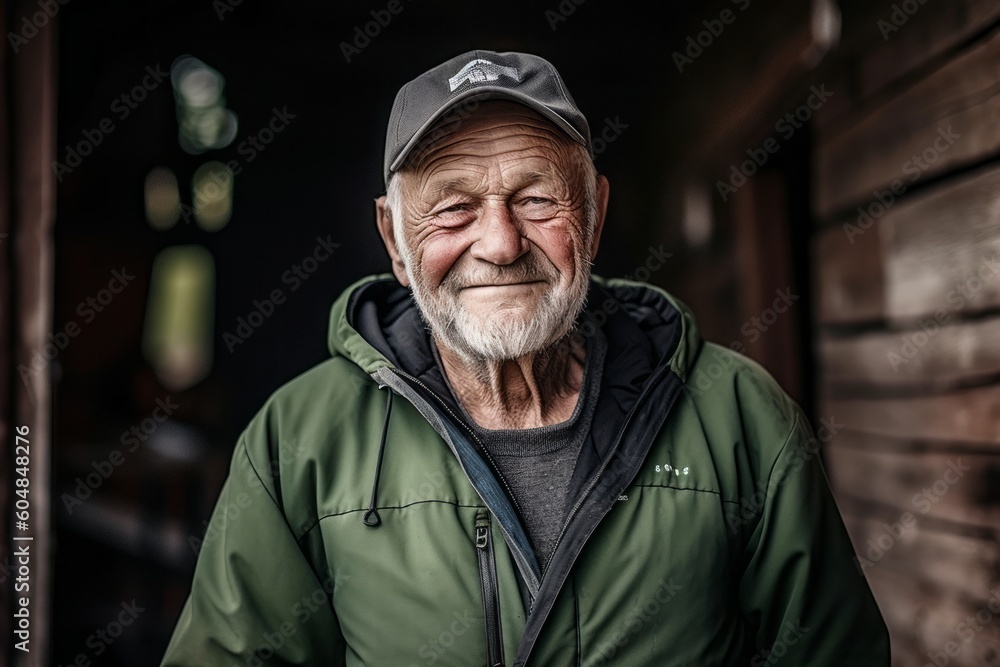 Medium shot portrait photography of a glad old man wearing a comfortable tracksuit against a rustic farmhouse background. With generative AI technology Medium shot portrait photography of a glad old man wearing a comfortable tracksuit against a rustic farmhouse background. With generative AI technology